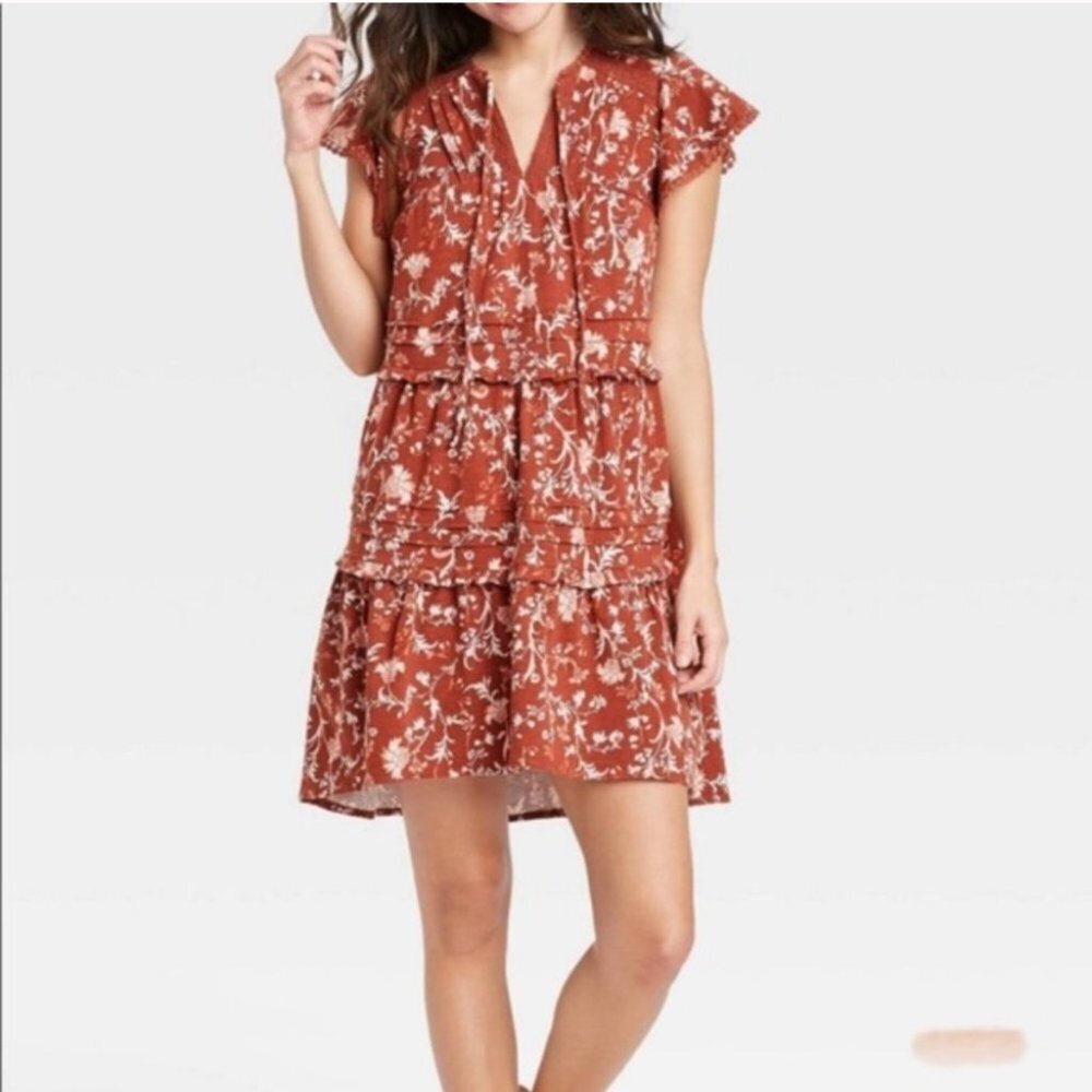 Knox Rose Boho Floral Prairie Peasant Tiered Dress Rust Embroidered Pullover M